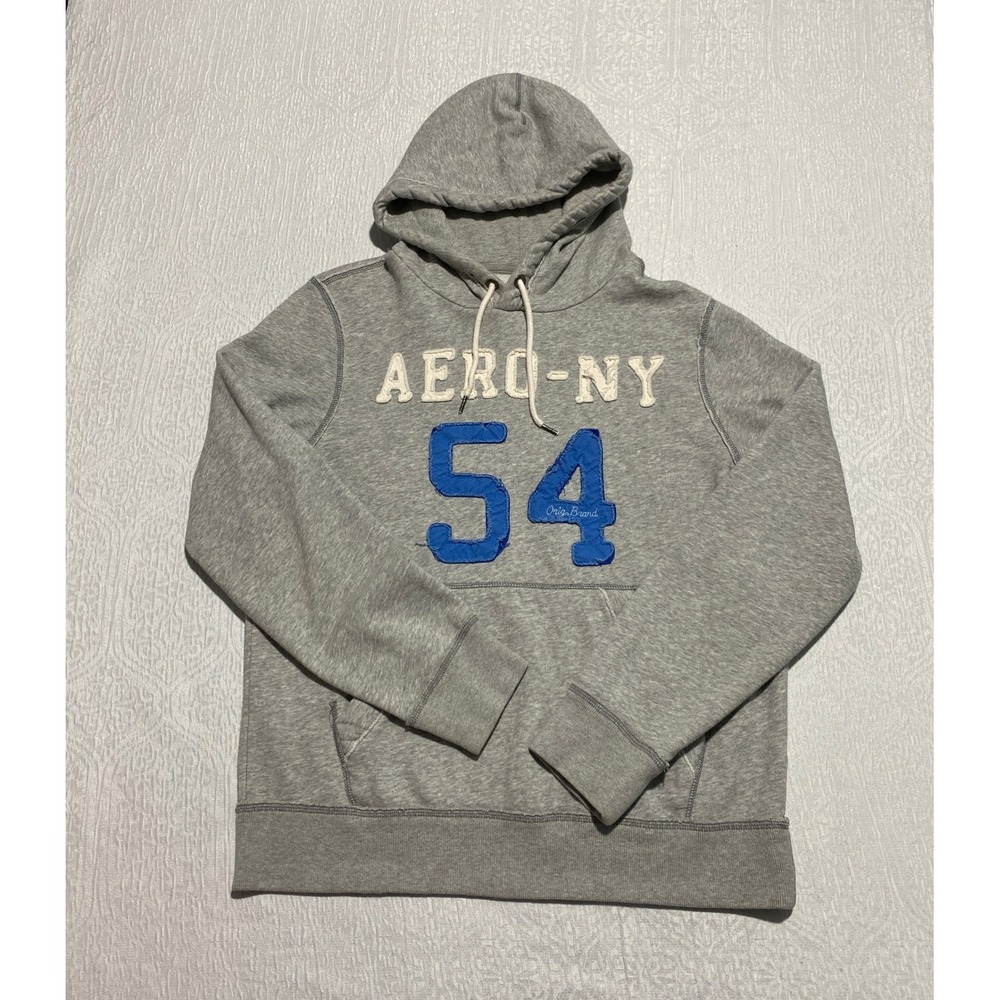 Aeropostale NY 54 Pullover Hooded Sweatshirt Mens Size L Gray Pocket